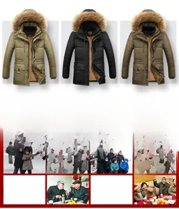 Mens winter padded jackets with thick faux fur hoods in khaki black and brown colors