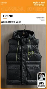 Detail of black down vest with 90% white duck down filling and waterproof fabric