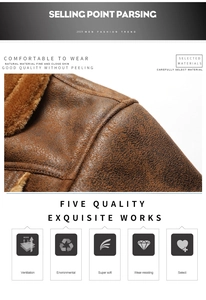 Detail of shoulder double stitching and matte leather texture on brown men's faux jacket