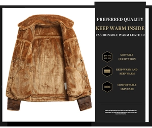 Detail view of men's winter leather jacket showing thick brown faux fur lining and texture