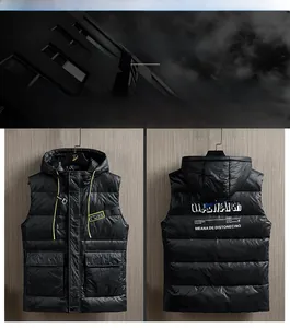 Detail of men's hooded down vest showing ripstop grid fabric and stylish back printing