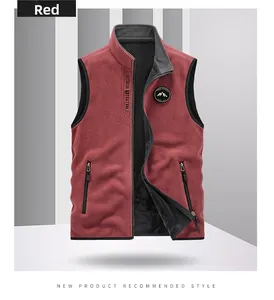 Detail view of red outdoor fleece vest with high neck and zip pockets showing texture