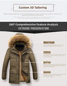 Detail view of winter parka featuring faux fur collar and windproof polyester fabric