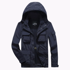 Men's dark blue waterproof quick-dry hooded jacket with multi-pocket utility design