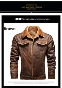 Detail of brown faux suede leather jacket with thick faux fur lining and star patch