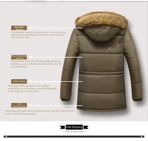 Detail view of the back stitching and thermal insulation of men's olive winter parka