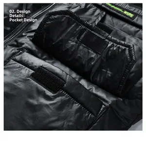 Detail of a black down vest featuring a tactical pocket with velcro and nylon texture