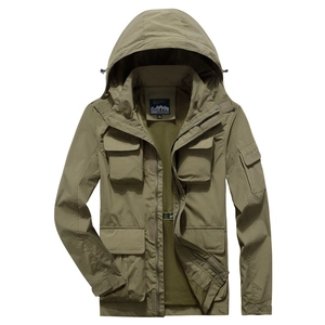 Men's olive green waterproof outdoor jacket with oversized fit and multiple utility pockets