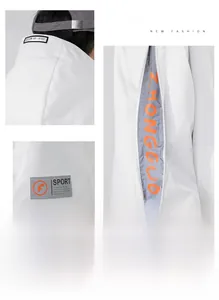 Dettaglio della giacca sportiva bianca con logo a fulmine arancione e etichette SPORT