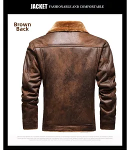 Rear view of vintage brown leather jacket featuring thick faux fur collar and panel stitching