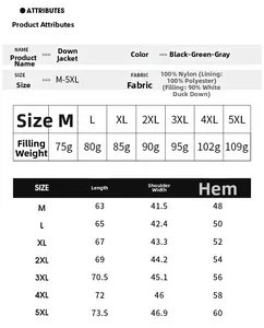 Detailed size chart for men's down vest showing measurements and white duck down filling data