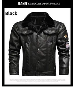 Close-up of black leather jacket with faux fur lining and embroidered sleeve patch