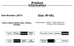 Size chart for casual jackets showing M-4XL options and 100% polyester material details