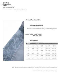 Detailed size chart for loose casual jacket J6019 showing measurements from size M to 4XL