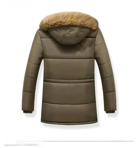 Back view of men's winter hooded parka featuring quilted design and faux fur collar detail