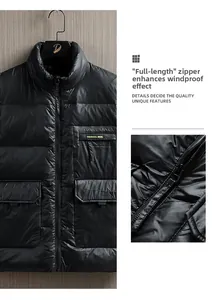Detailed view of black quilted down vest featuring a stand collar and windproof zipper
