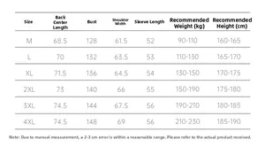 Detailed size chart for men's casual jacket with measurements from M to 4XL sizes