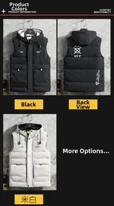 Close-up of padded hooded puffer vest with zipper closure and graphic print details