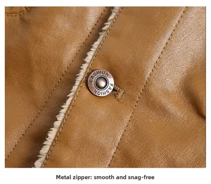 Close-up of brown PU leather jacket with faux lamb wool lining and copper metal button