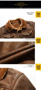 Detail view of vintage brown shearling jacket featuring warm yellow lamb wool and matte leather