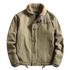 Men's khaki flight bomber jacket with faux shearling collar and ARMY embroidery