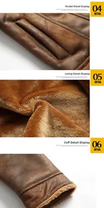 Detail view of brown leather jacket featuring plush faux fur lining and warm cuffs