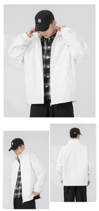 Three-view montage of white casual sports jacket showing front side and back details