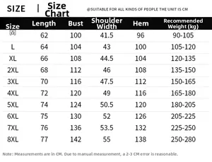 Tableau des tailles pour gilet d'hiver homme allant du M au 8XL avec mesures détaillées