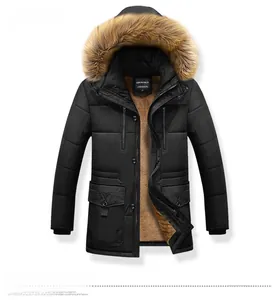Detail view of winter parka jacket showing brown fleece lining and faux fur hooded collar