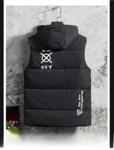 Rear view of black hooded down vest featuring white street-style graphic print on back