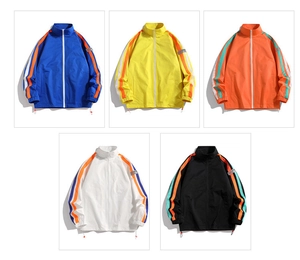Detailed grid of stand collar jackets in five colors with side stripes and drawstrings