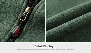Detailed macro view of heavy metal zipper and green polar fleece texture for men vest