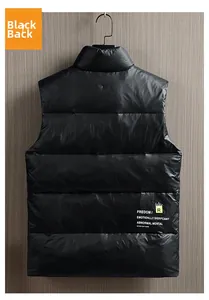 Rear view of black windproof stand collar puffer vest with horizontal quilted design