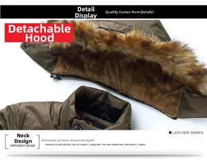 Detail view of winter parka featuring detachable hood and premium brown faux fur collar