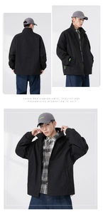 Detailed views of a black men's zip-up windbreaker with stand collar and side pockets