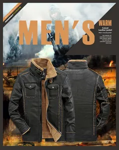 Men's motorcycle faux leather jacket with brown fleece lining and military-style flap pockets