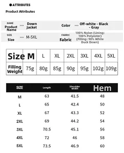 Detailed size chart for men's down vest including measurements and white duck down weight