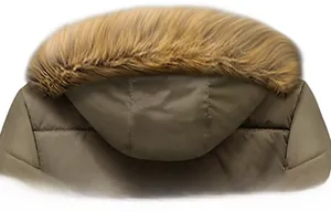Detail of the thick faux fur collar and quilted back on the olive green winter coat