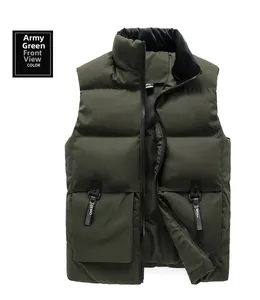 Gilet matelassé d'hiver vert armée montrant le tissu coupe-vent et les poches tactiques