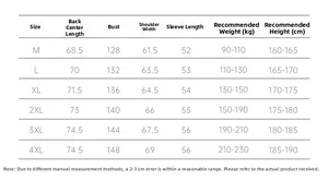 Detailed men jacket size chart from M to 4XL with specific measurements for height and weight