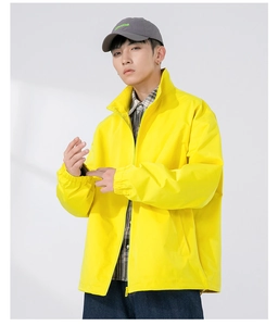 Detailed close-up of a bright yellow men's zip jacket with stand collar and ribbed cuffs