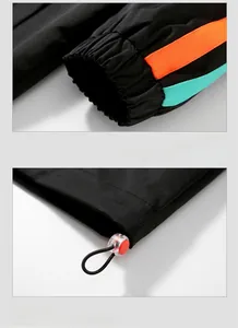 Detail of adjustable drawstring hem and elastic cuffs with colorful striped webbing