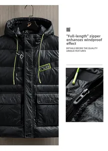 Detail view of black quilted men's vest with windproof zipper and neon yellow drawstrings