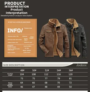 Detailed size chart for men's leather motorcycle jacket with warm fleece lining and measurements