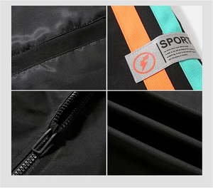 Detailed views of black sport jacket stitching, zipper, and reflective sport labels