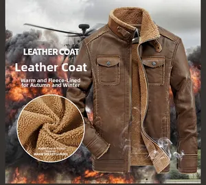 Detail of men's brown biker jacket featuring warm fleece lining and stand collar