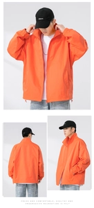 Detailed views of bright orange men's stand collar jacket with windproof fabric and zipper