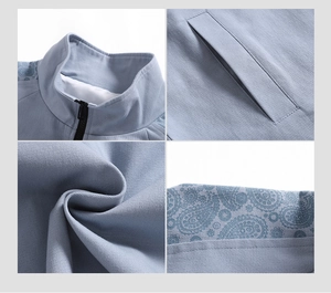 Close-up of light blue jacket showing paisley print, zipper detail and twill fabric texture