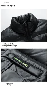 Close-up of windproof stand collar and woven chest label on black quilted vest