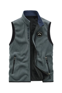 Men's dark grey fleece outdoor vest with stand collar and zipper pockets